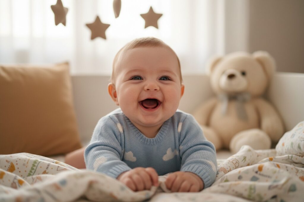 Smilende baby liggende i sofa